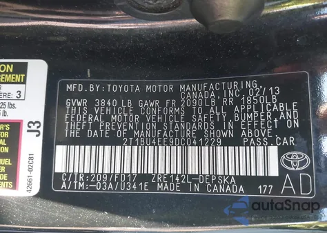 2013 Toyota Corolla S z USA, uszkodzony, nr VIN 2T1BU4EE9DC041229